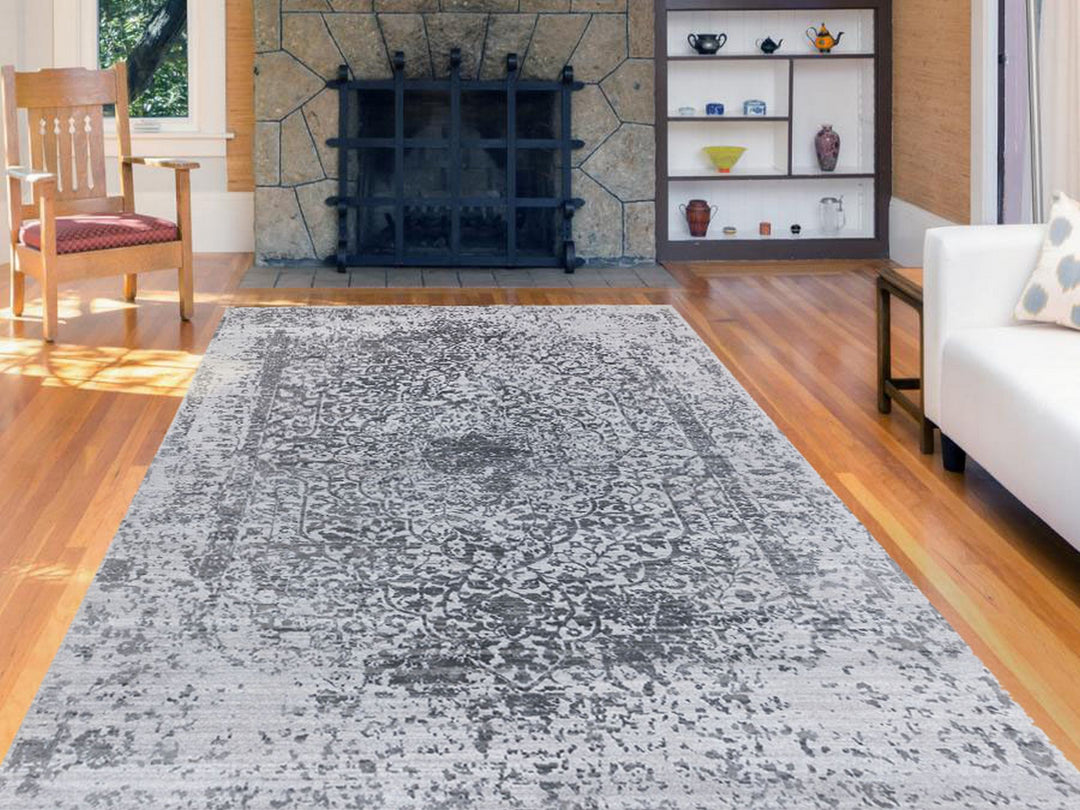 6'1" x 9'2" New Hand Knotted Grey Wool & Pure Silk Rectangle Oriental Rug - MOA10262094