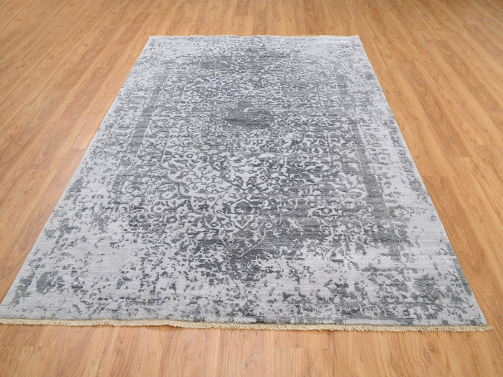 6'1" x 9'2" New Hand Knotted Grey Wool & Pure Silk Rectangle Oriental Rug - MOA10262094