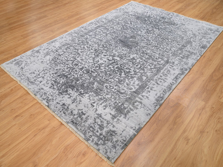 6'1" x 9'2" New Hand Knotted Grey Wool & Pure Silk Rectangle Oriental Rug - MOA10262094