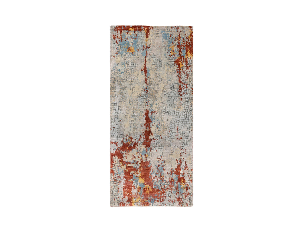 2'6" x 5'10" New Hand Knotted Grey Wool & Silk Runner Oriental Rug - MOA10262111