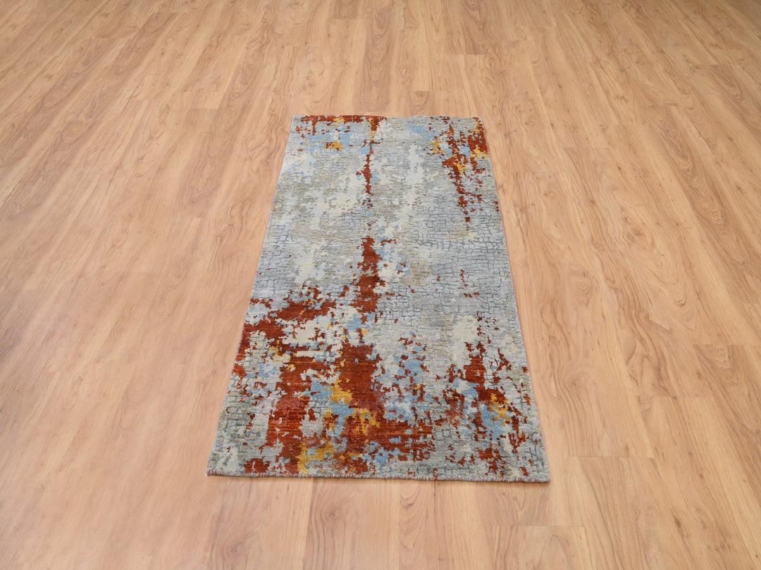 2'6" x 5'10" New Hand Knotted Grey Wool & Silk Runner Oriental Rug - MOA10262111