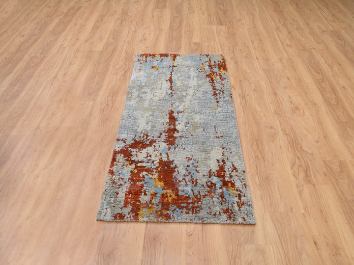 2'6" x 5'10" New Hand Knotted Grey Wool & Silk Runner Oriental Rug - MOA10262111