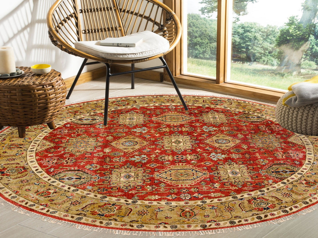 7'9" x 7'9" New Hand Knotted Red Wool Round Oriental Rug - MOA10262132