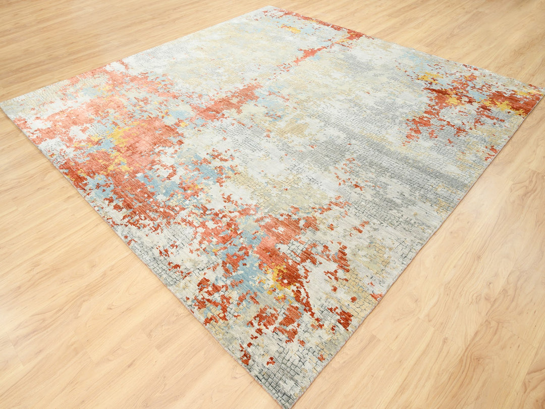 9'9" x 9'10" New Hand Knotted Grey Wool & Silk Square Oriental Rug - MOA10262156