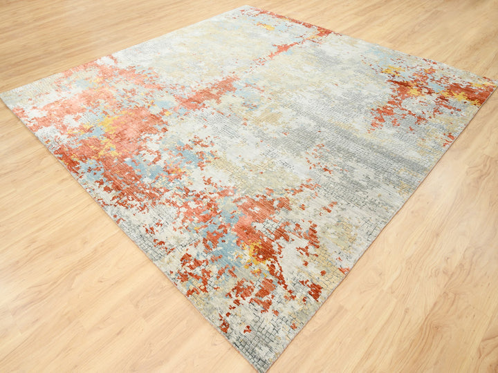 9'9" x 9'10" New Hand Knotted Grey Wool & Silk Square Oriental Rug - MOA10262156