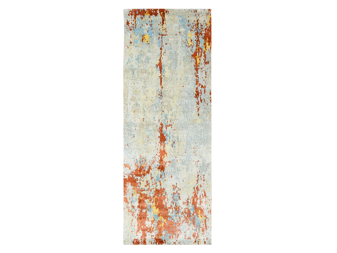 4'1" x 12'0" New Hand Knotted Grey Wool & Silk Runner Oriental Rug - MOA10262158