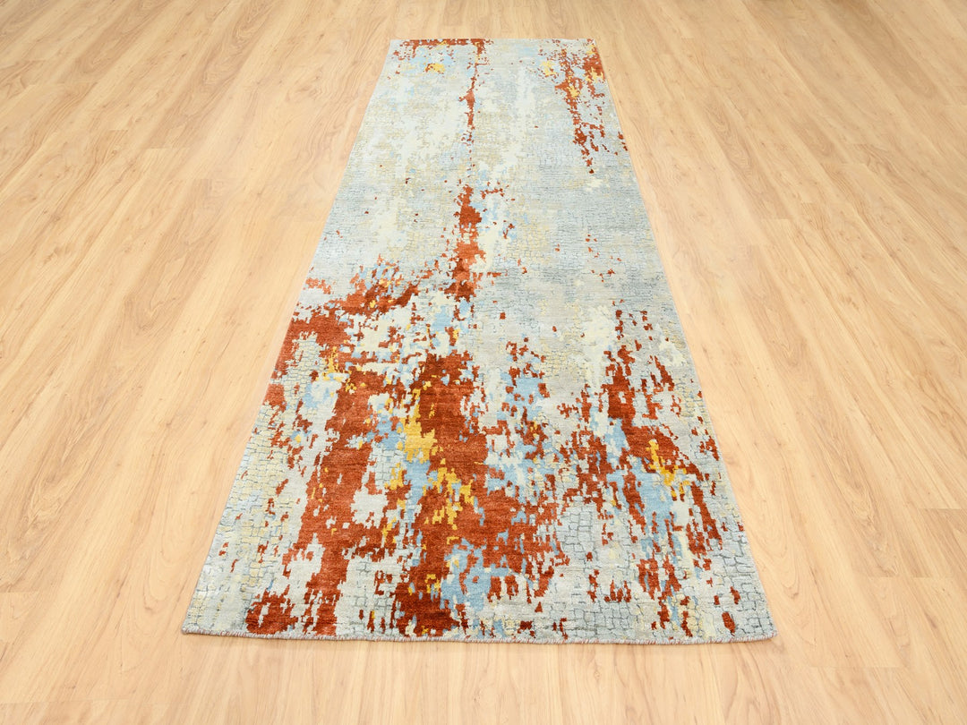 4'1" x 12'0" New Hand Knotted Grey Wool & Silk Runner Oriental Rug - MOA10262158