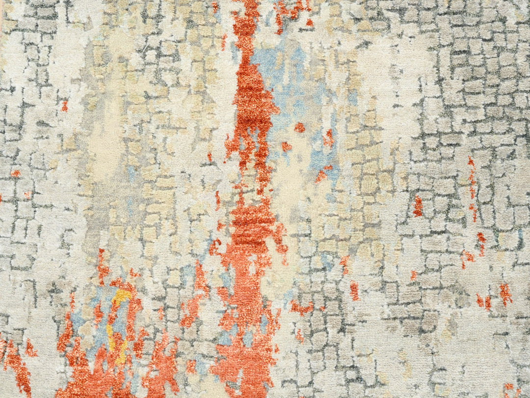 4'1" x 12'0" New Hand Knotted Grey Wool & Silk Runner Oriental Rug - MOA10262158