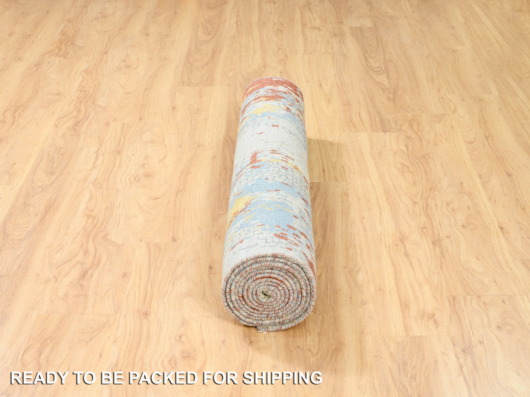 4'1" x 12'0" New Hand Knotted Grey Wool & Silk Runner Oriental Rug - MOA10262158