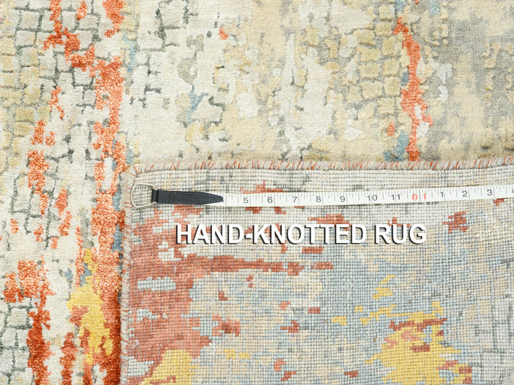 4'1" x 12'0" New Hand Knotted Grey Wool & Silk Runner Oriental Rug - MOA10262158