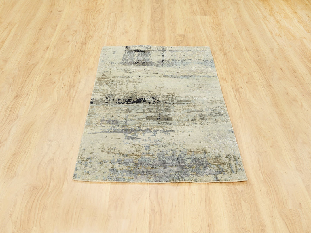 3'0" x 5'0" New Hand Knotted Beige Wool & Silk Rectangle Oriental Rug - MOA10262167