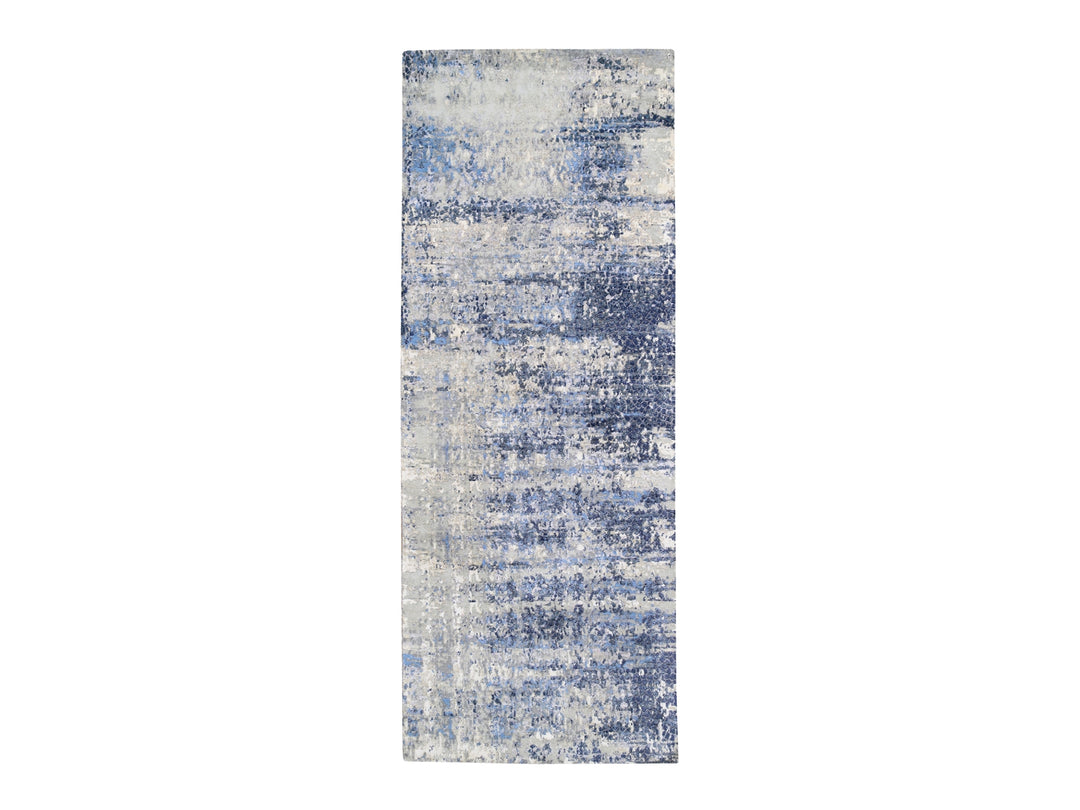 3'10" x 10'3" New Hand Knotted Blue Wool & Silk Runner Oriental Rug - MOA10262260
