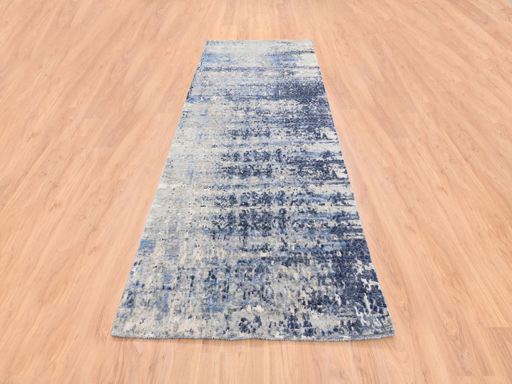 3'10" x 10'3" New Hand Knotted Blue Wool & Silk Runner Oriental Rug - MOA10262260