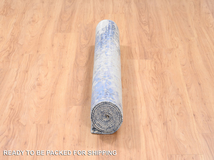 3'10" x 10'3" New Hand Knotted Blue Wool & Silk Runner Oriental Rug - MOA10262260