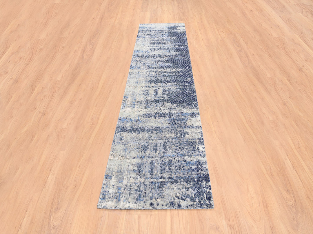 2'5" x 10'0" New Hand Knotted Blue Wool & Silk Runner Oriental Rug - MOA10262262