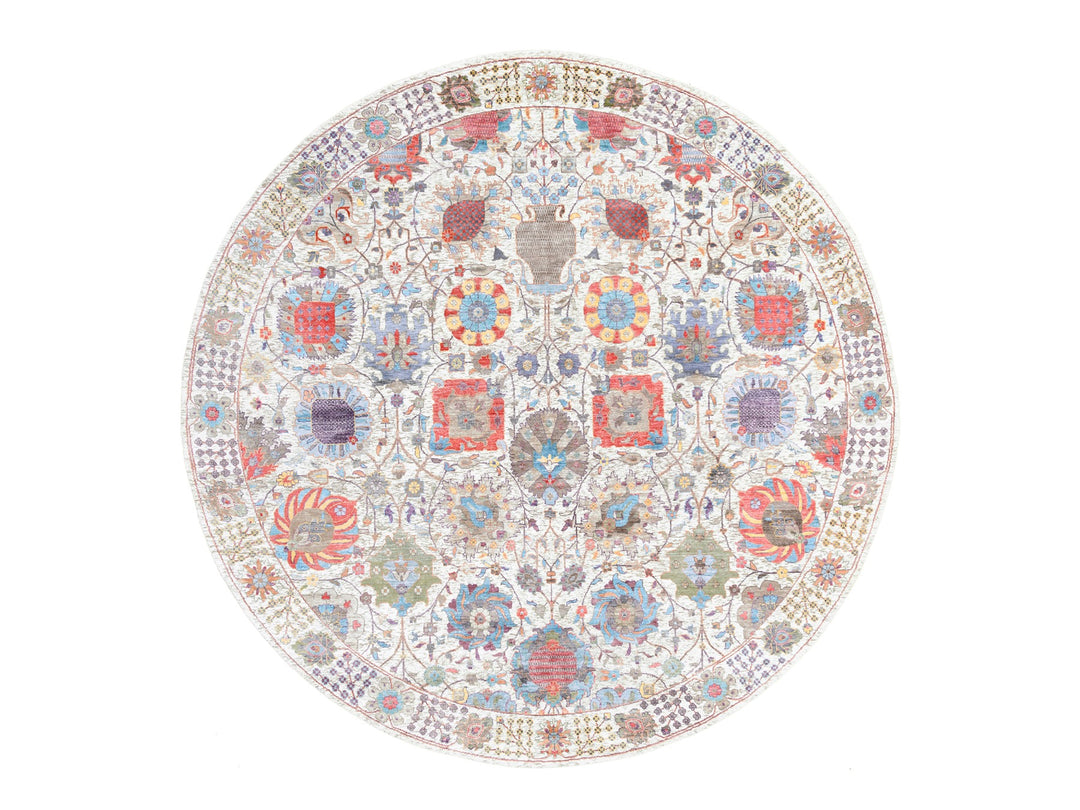 10'1" x 10'0" New Hand Knotted Ivory Wool & Silk Round Oriental Rug - MOA10262272