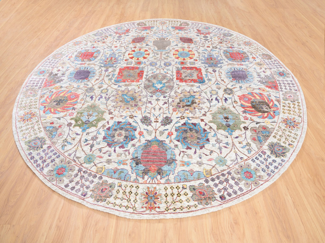 10'1" x 10'0" New Hand Knotted Ivory Wool & Silk Round Oriental Rug - MOA10262272