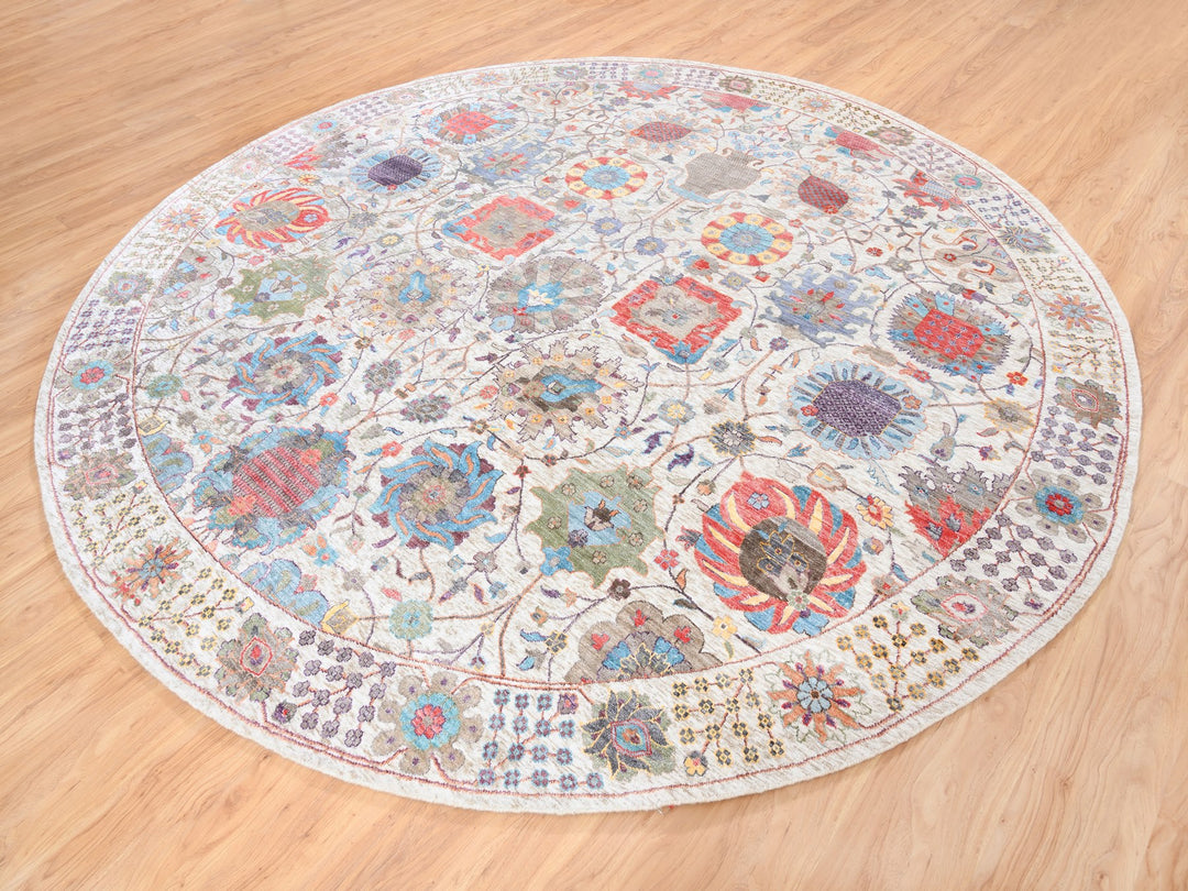10'1" x 10'0" New Hand Knotted Ivory Wool & Silk Round Oriental Rug - MOA10262272