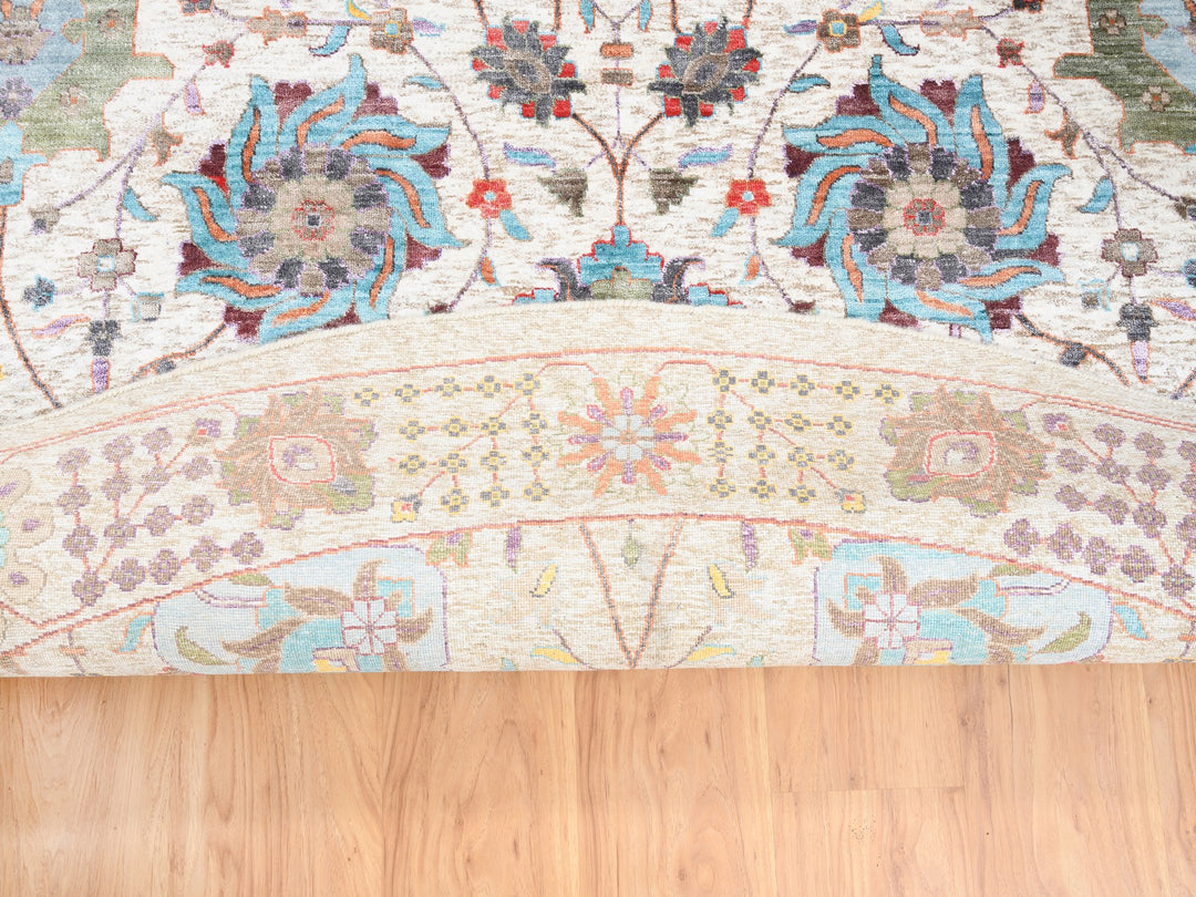12'2" x 12'2" New Hand Knotted Ivory Wool & Silk Round Oriental Rug - MOA10262274