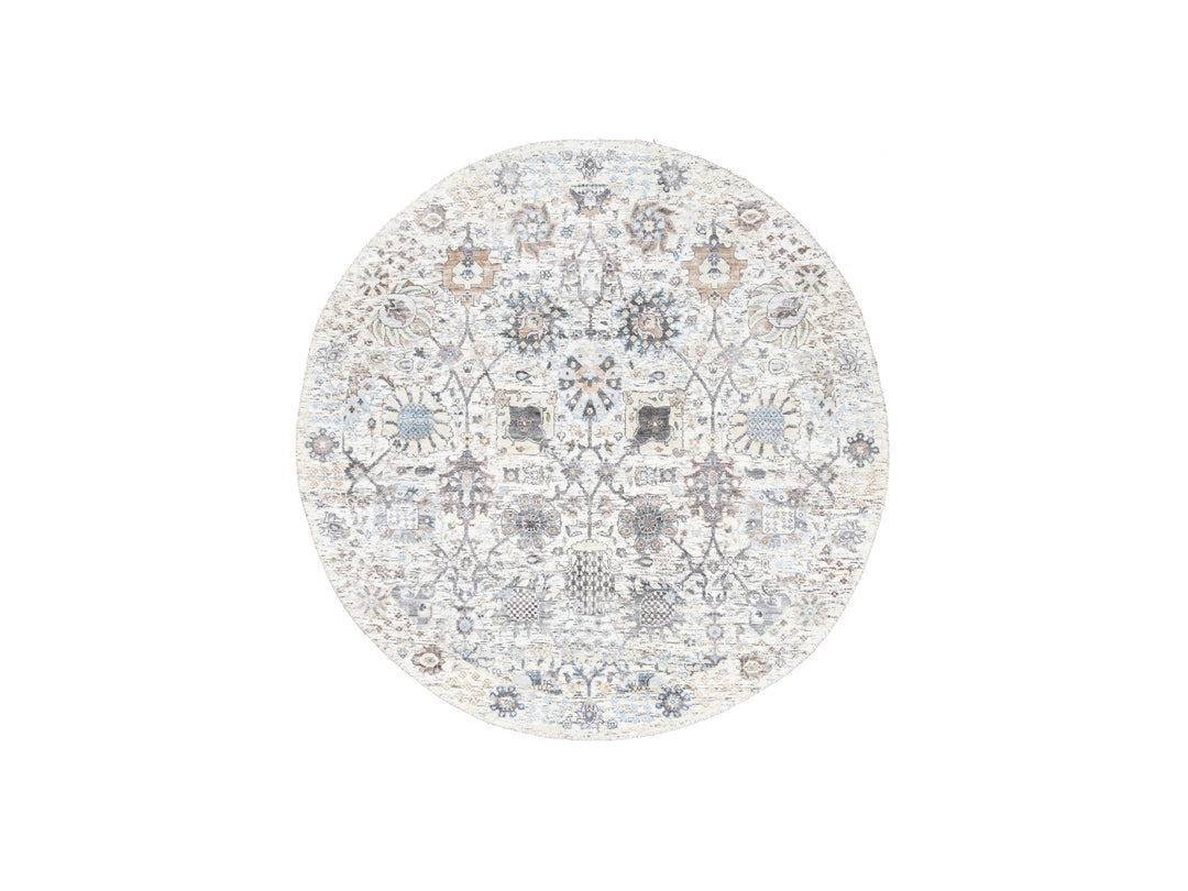 5'0" x 5'1" New Hand Knotted Ivory Wool & Silk Round Oriental Rug - MOA10262286