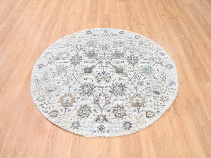5'0" x 5'1" New Hand Knotted Ivory Wool & Silk Round Oriental Rug - MOA10262286