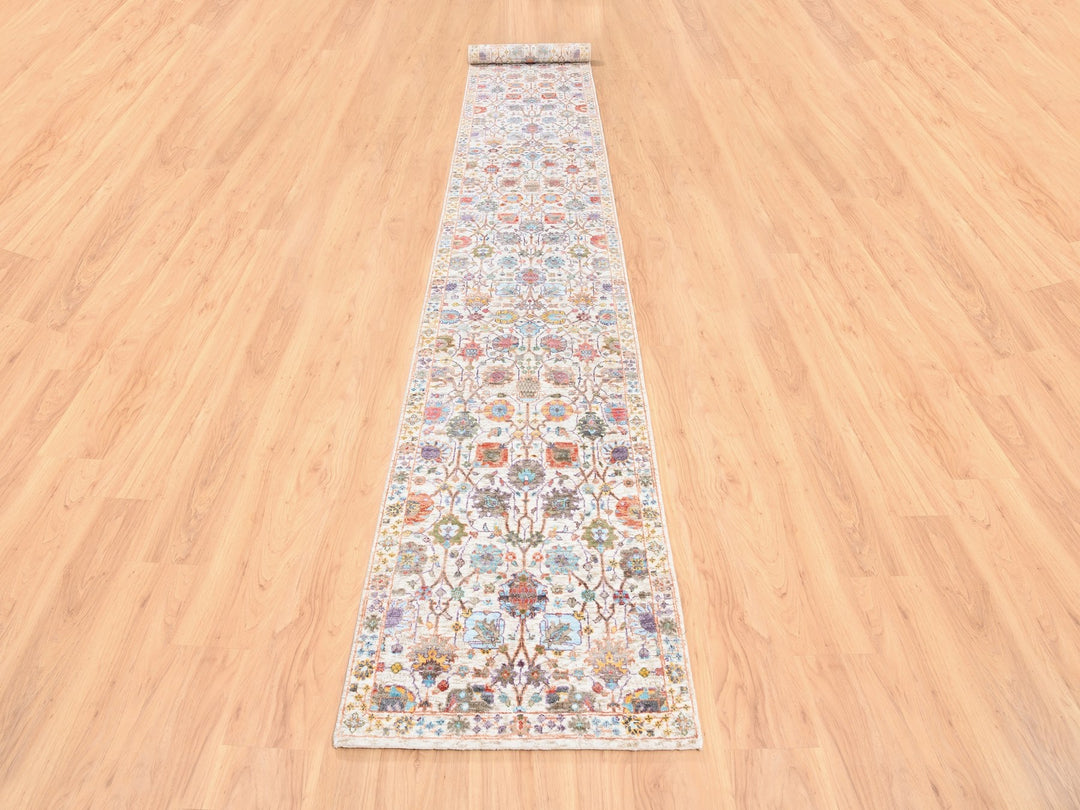 2'6" x 16'1" New Hand Knotted Ivory Wool & Silk Runner Oriental Rug - MOA10262288