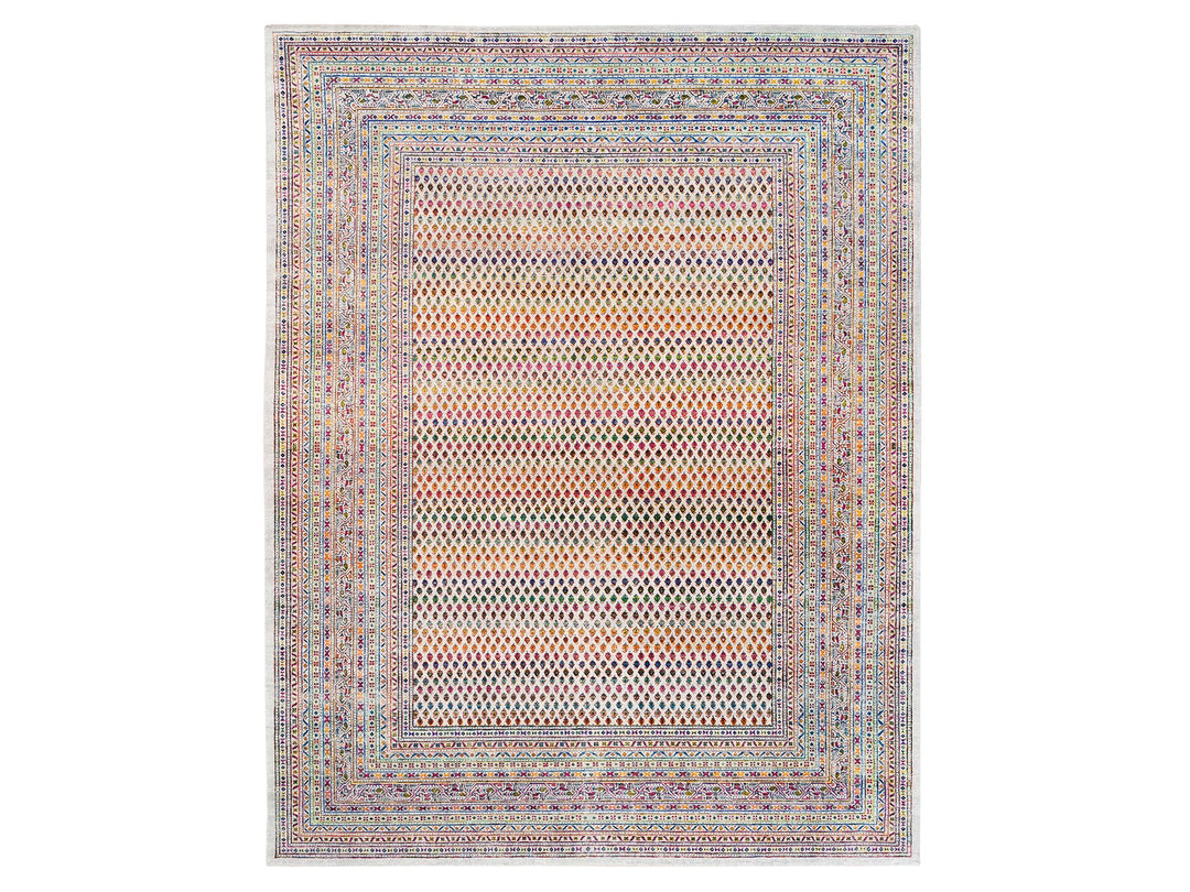 8'10" x 12'0" New Hand Knotted Beige Wool & Sari Silk Rectangle Oriental Rug - MOA10262307