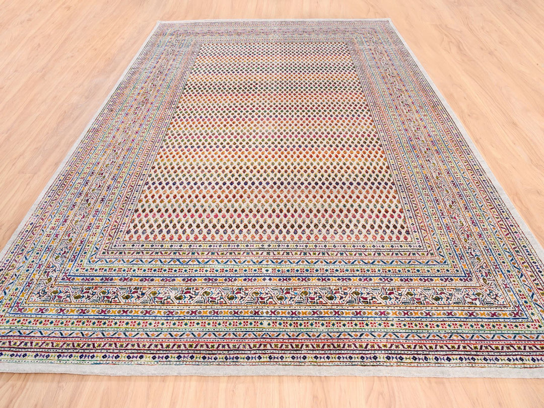 8'10" x 12'0" New Hand Knotted Beige Wool & Sari Silk Rectangle Oriental Rug - MOA10262307
