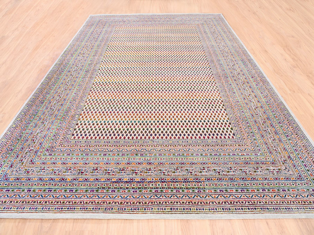 9'10" x 14'0" New Hand Knotted Beige Wool & Sari Silk Rectangle Oriental Rug - MOA10262309
