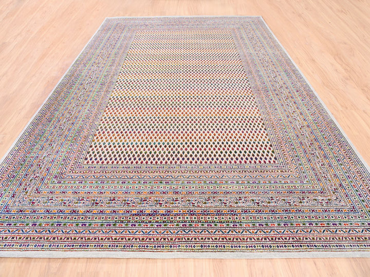 9'10" x 14'0" New Hand Knotted Beige Wool & Sari Silk Rectangle Oriental Rug - MOA10262309