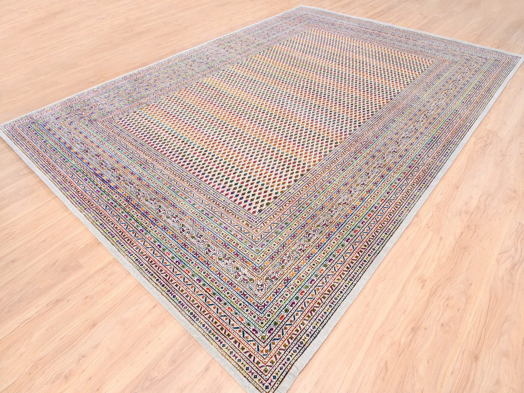 9'10" x 14'0" New Hand Knotted Beige Wool & Sari Silk Rectangle Oriental Rug - MOA10262309