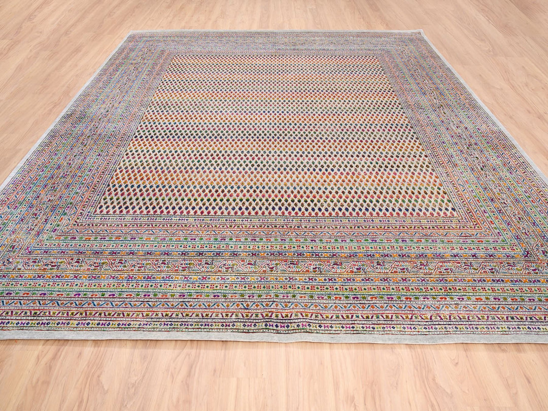 11'10" x 12'0" New Hand Knotted Beige Wool & Sari Silk Square Oriental Rug - MOA10262311