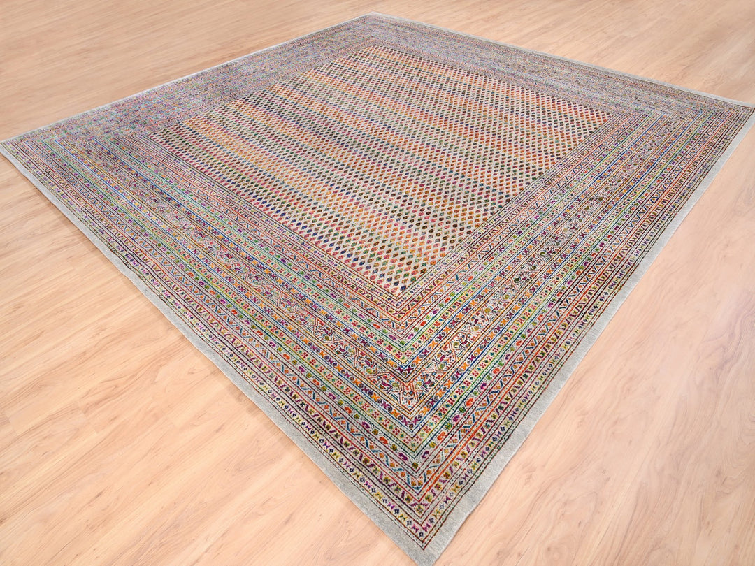 11'10" x 12'0" New Hand Knotted Beige Wool & Sari Silk Square Oriental Rug - MOA10262311