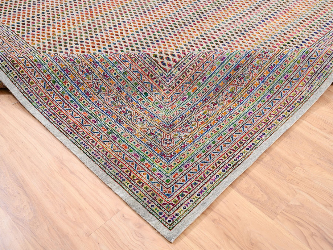 11'10" x 12'0" New Hand Knotted Beige Wool & Sari Silk Square Oriental Rug - MOA10262311