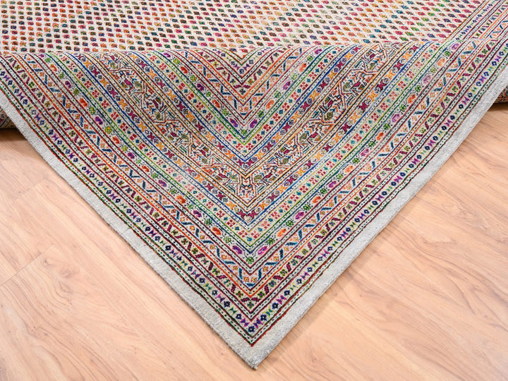 11'7" x 18'0" New Hand Knotted Beige Wool & Sari Silk Rectangle Oriental Rug - MOA10262312