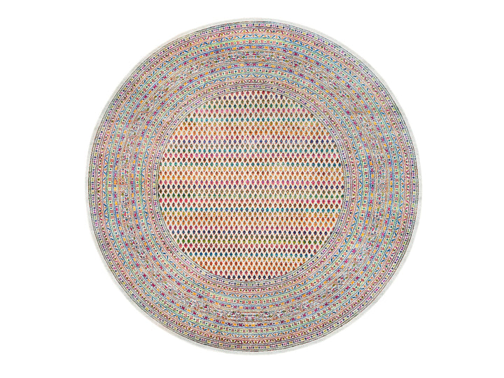 8'10" x 8'10" New Hand Knotted Beige Wool & Sari Silk Round Oriental Rug - MOA10262316