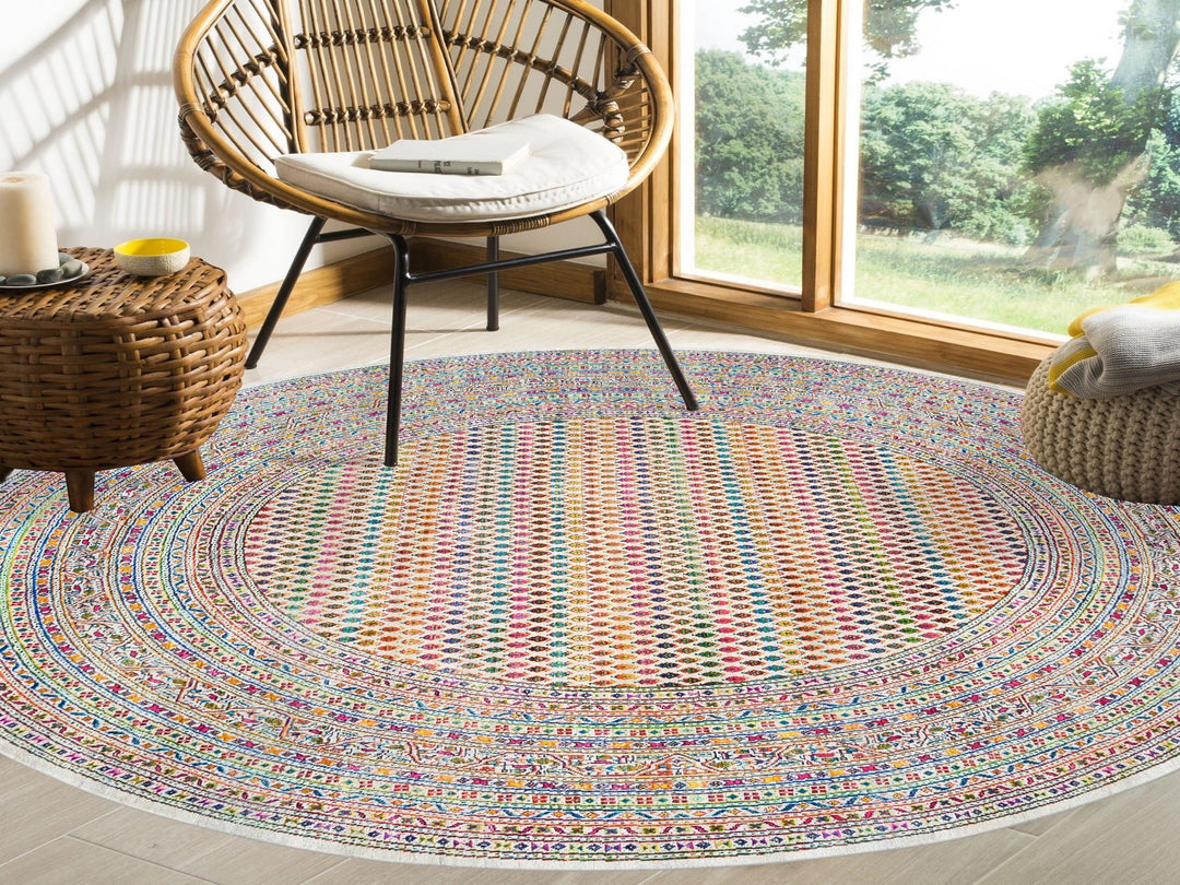 8'10" x 8'10" New Hand Knotted Beige Wool & Sari Silk Round Oriental Rug - MOA10262316