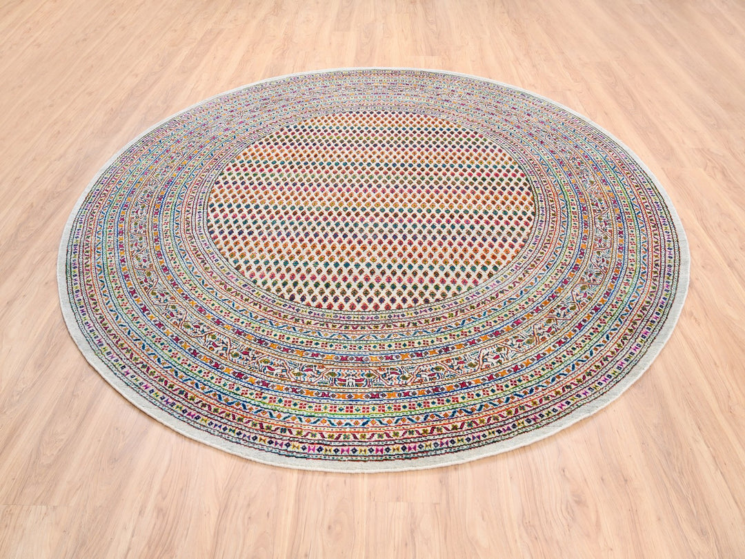 8'10" x 8'10" New Hand Knotted Beige Wool & Sari Silk Round Oriental Rug - MOA10262316