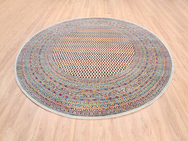 8'10" x 8'10" New Hand Knotted Beige Wool & Sari Silk Round Oriental Rug - MOA10262316