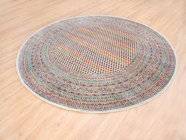 8'10" x 8'10" New Hand Knotted Beige Wool & Sari Silk Round Oriental Rug - MOA10262316