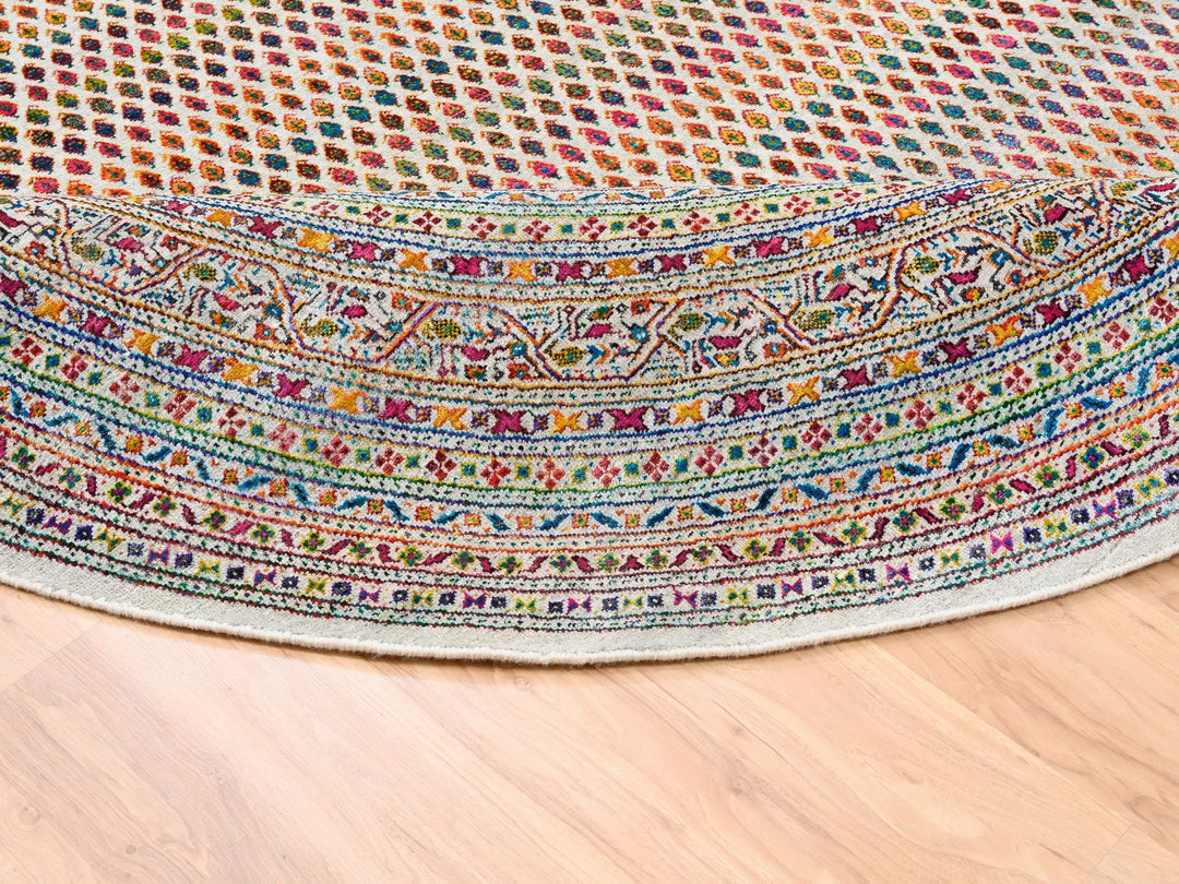 8'10" x 8'10" New Hand Knotted Beige Wool & Sari Silk Round Oriental Rug - MOA10262316