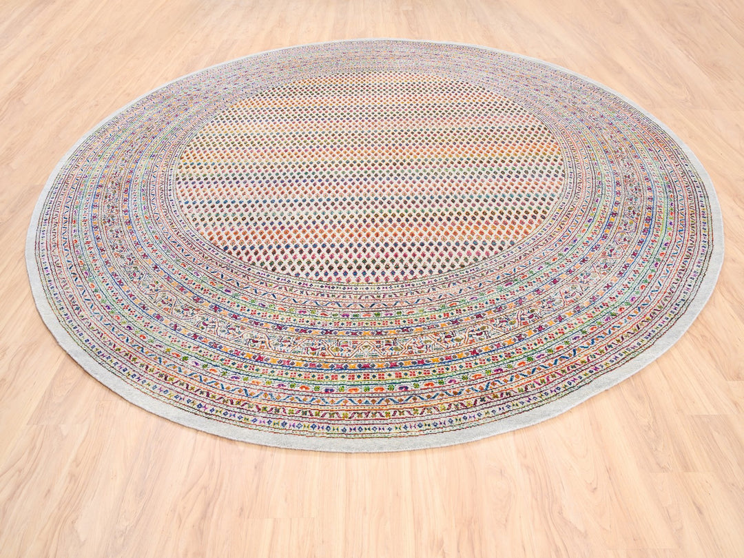 12'0" x 12'0" New Hand Knotted Beige Wool & Silk Round Oriental Rug - MOA10262321