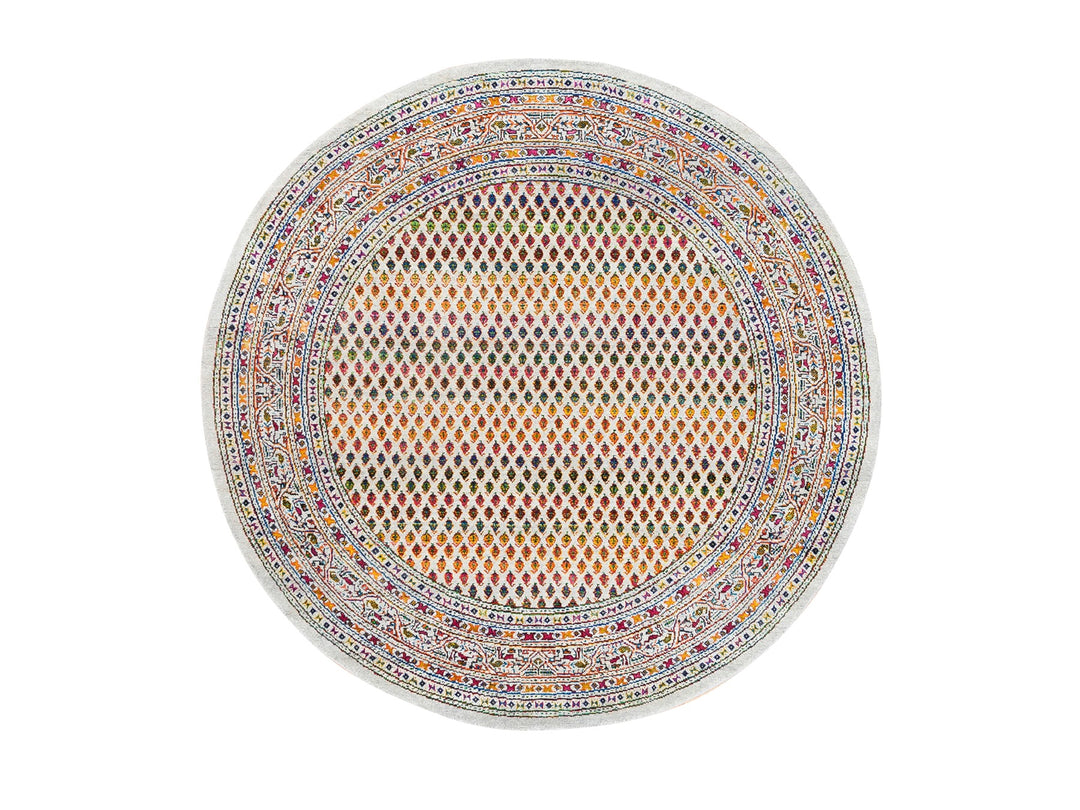 6'0" x 6'0" New Hand Knotted Beige Wool & Sari Silk Round Oriental Rug - MOA10262329