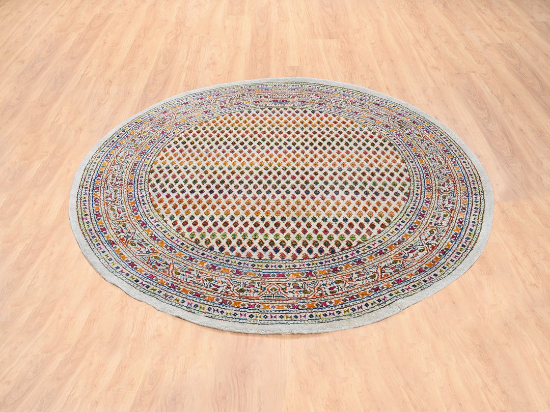 6'0" x 6'0" New Hand Knotted Beige Wool & Sari Silk Round Oriental Rug - MOA10262329