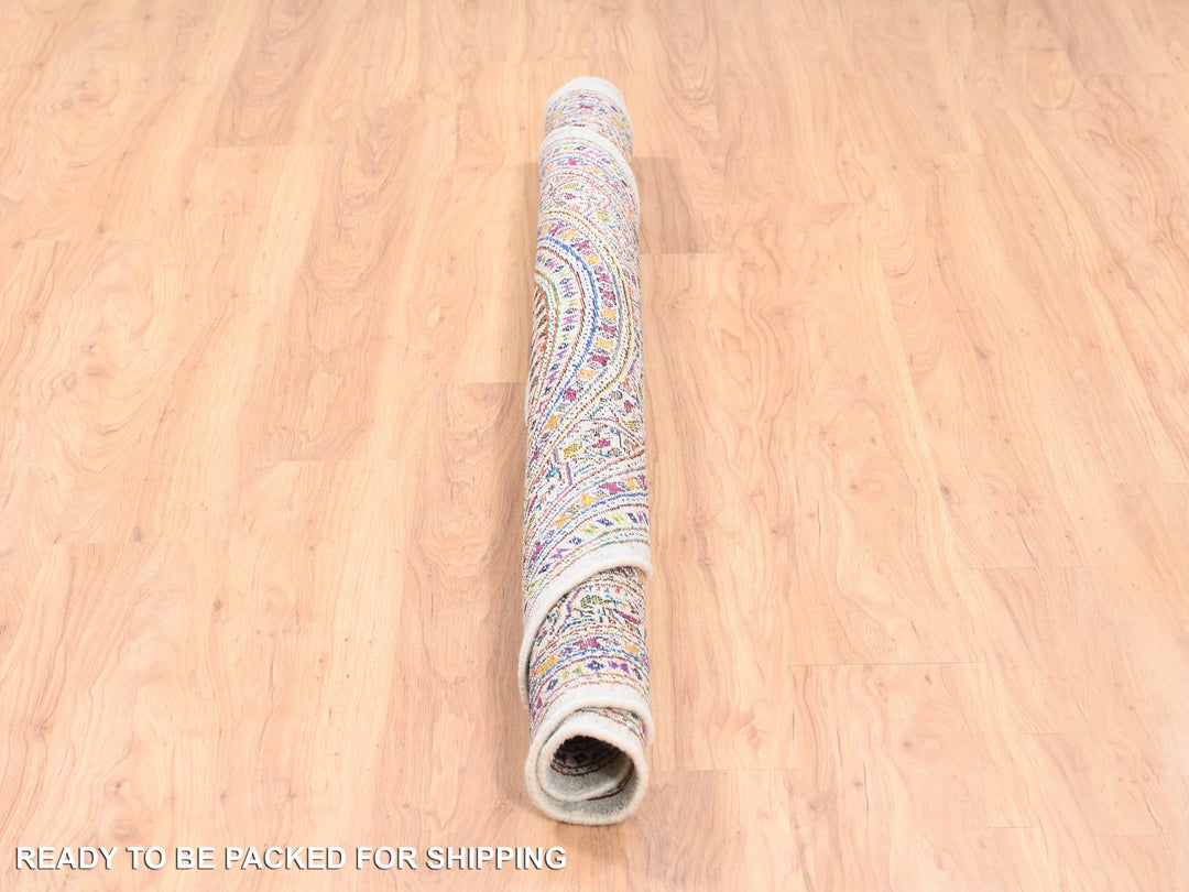 6'0" x 6'0" New Hand Knotted Beige Wool & Sari Silk Round Oriental Rug - MOA10262329