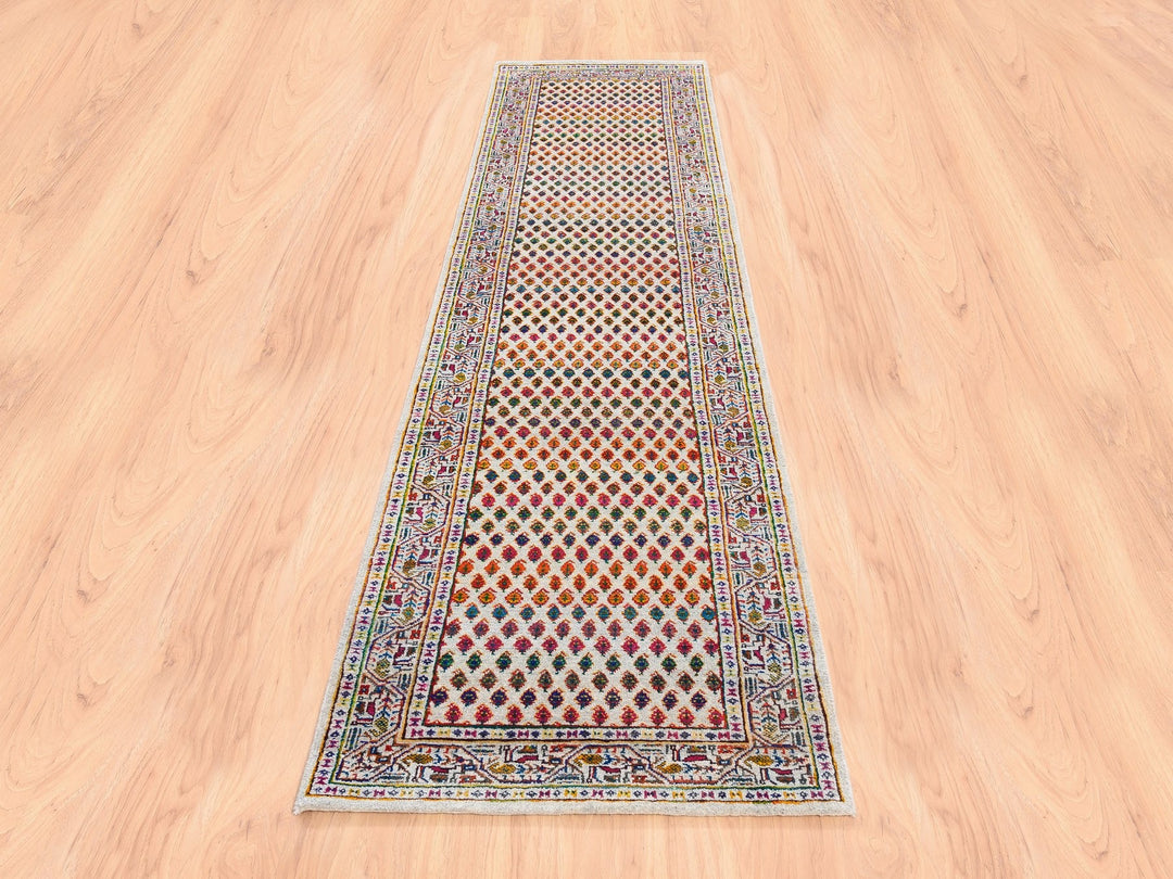2'4" x 10'2" New Hand Knotted Beige Wool & Sari Silk Runner Oriental Rug - MOA10262330