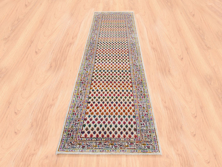 2'4" x 10'2" New Hand Knotted Beige Wool & Sari Silk Runner Oriental Rug - MOA10262330