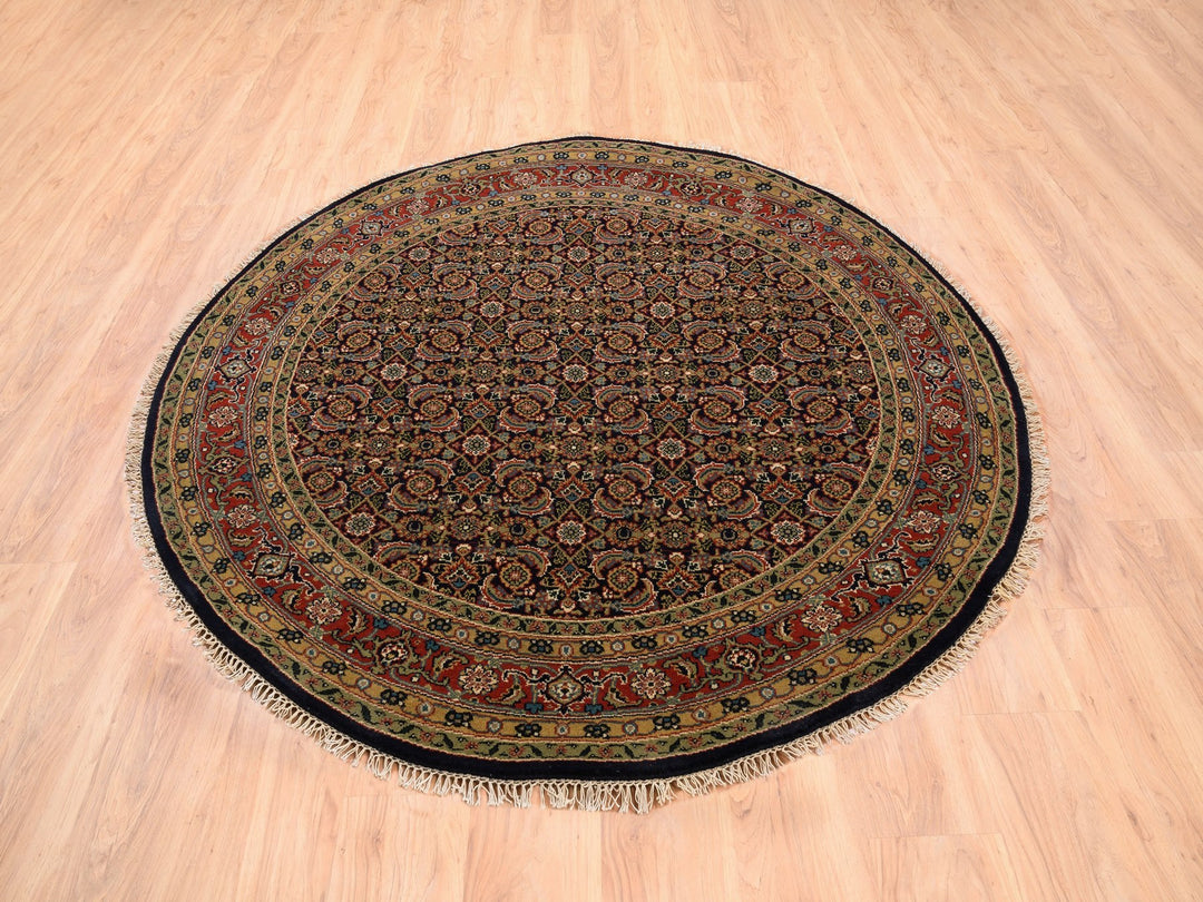 5'9" x 5'9" New Hand Knotted Black Wool & Silk Round Oriental Rug - MOA10262349