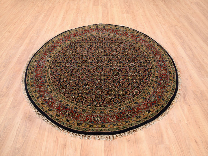 5'9" x 5'10" New Hand Knotted Black Wool & Silk Round Oriental Rug - MOA10262351