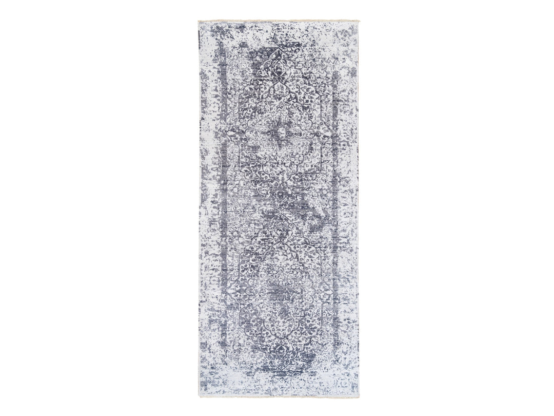 4'1" x 10'0" New Hand Knotted Grey Wool & Pure Silk Runner Oriental Rug - MOA10262355